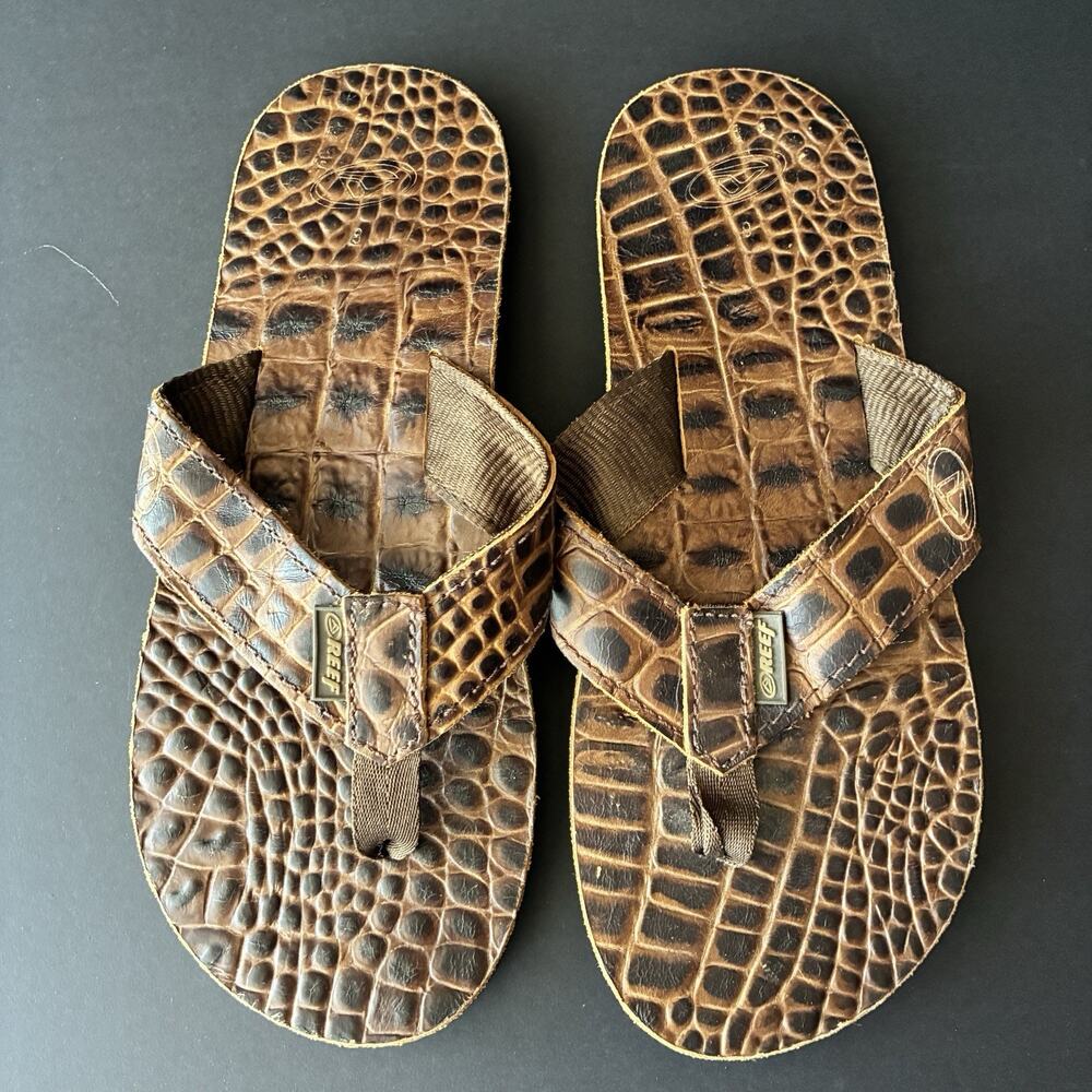Reef Flip Flop Sandals Brown Faux Crocodile Embossed Thong Beach Shoes Size 8